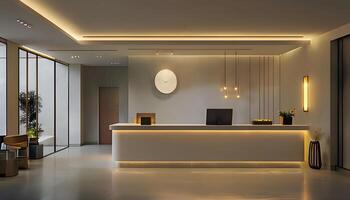 A modern reception area with a clock and lights photo