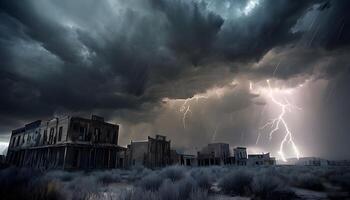 A stormy sky with lightning and rain over a deserted town photo