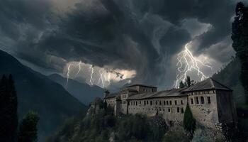 A castle in the mountains with lightning coming from the sky photo