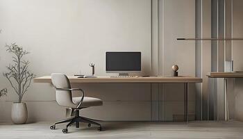 A modern office with a desk, chair and computer photo