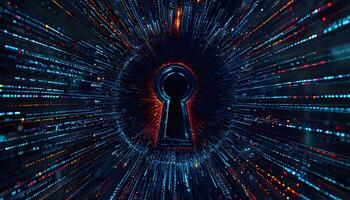 A keyhole in a dark background with a glowing light photo