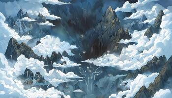 A painting of a mountain with clouds and water photo