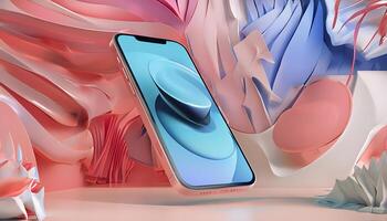 An iphone is sitting on a table with a colorful background photo