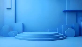 3d render of a stage with blue walls and a podium photo