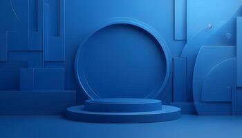 Blue background with a podium and a round oval photo