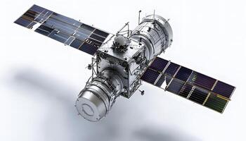 A satellite in space with a solar panel on top photo