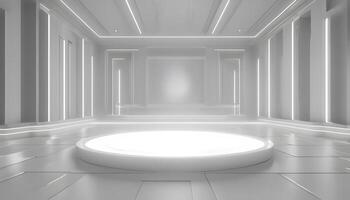 An empty room with a circular light on the floor photo