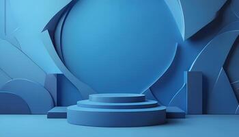3d render of a podium with blue walls and a blue background photo