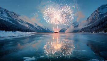 Fireworks over a lake with mountains in the background photo