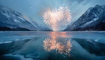 Fireworks over a lake with mountains in the background photo