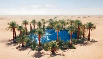 A desert with palm trees and a blue pool photo