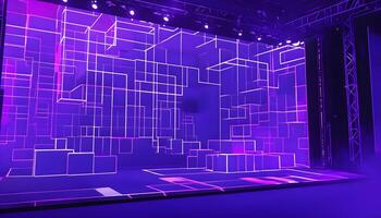 A stage with purple lights and a large screen photo