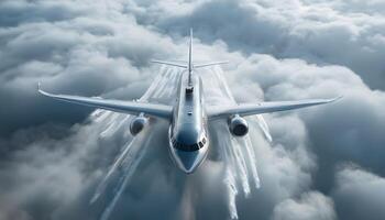A large jet airplane flying through the clouds photo