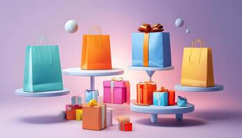 Colorful gift boxes on a table with balloons photo