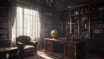 A library with a desk and chair in front of a large bookcase photo
