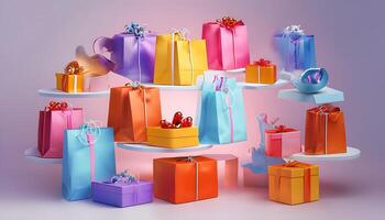 Many colorful gift boxes on a shelf photo