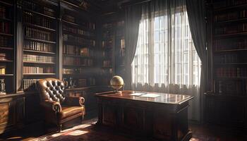 A desk and chair in a library with bookshelves photo