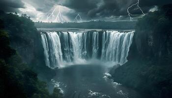 A waterfall with lightning and water falling from it photo