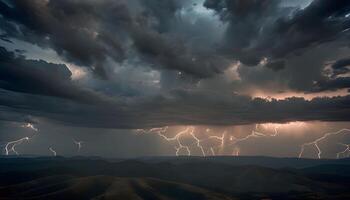 Lightning strikes over mountains in the distance photo