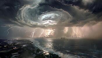 A stormy night sky with lightning and a large cloud photo