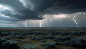 Lightning strikes over the desert in the middle of the night photo