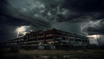 An abandoned building with lightning and clouds photo