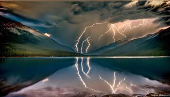 A lightning bolt is reflected in a lake photo