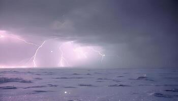 Lightning strikes over a snowy field photo