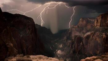 Lightning strikes over a canyon in the desert photo