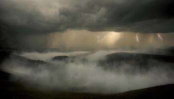 A stormy sky with lightning and clouds over a mountain range photo
