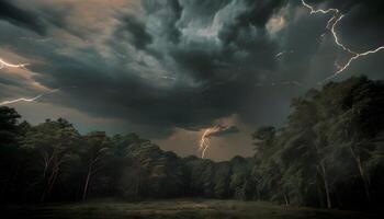 A stormy sky with lightning and trees photo