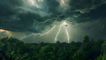 A stormy sky with lightning and rain over a forest photo