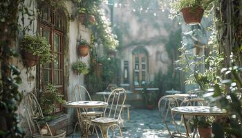 A courtyard with tables and chairs in the middle of a city photo