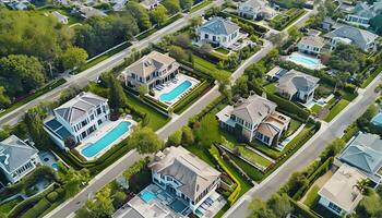 An aerial view of a neighborhood with houses and swimming pools photo