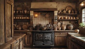 A kitchen with a stove and a lot of pots and pans photo