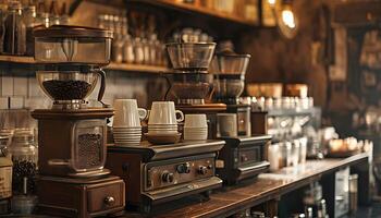 A coffee shop with a counter and a coffee maker photo
