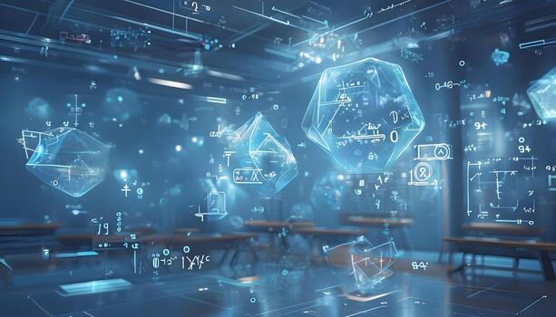 A classroom with many tables and chairs in front of a computer screen photo