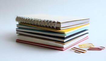 A stack of books with a paper clip and a pen photo