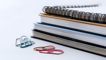 A stack of paper clips and a notebook photo