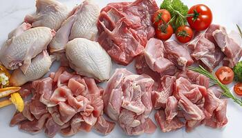 A variety of raw meat and vegetables on a white surface photo