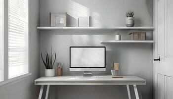 A white computer desk in a room with a window photo