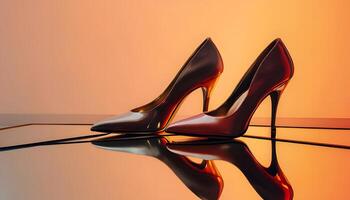 Two high heeled shoes on a table with a reflection photo