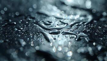 Water drops on a black surface with a blue background photo