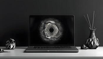 A laptop on a desk with a black and white design photo