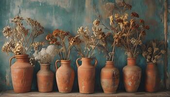 A row of old clay vases with dried flowers photo