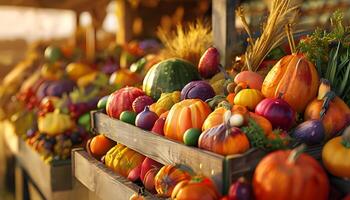 A display of colorful pumpkins and squash photo