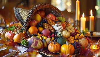 A cornucopia of fruits and vegetables is displayed on a table photo