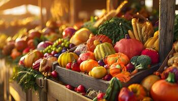 A variety of fruits and vegetables are displayed in a wooden crate photo