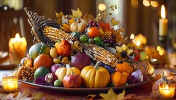 A plate with a cornucopia of fall decorations photo