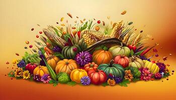 Thanksgiving background with corn, pumpkins, and other vegetables photo